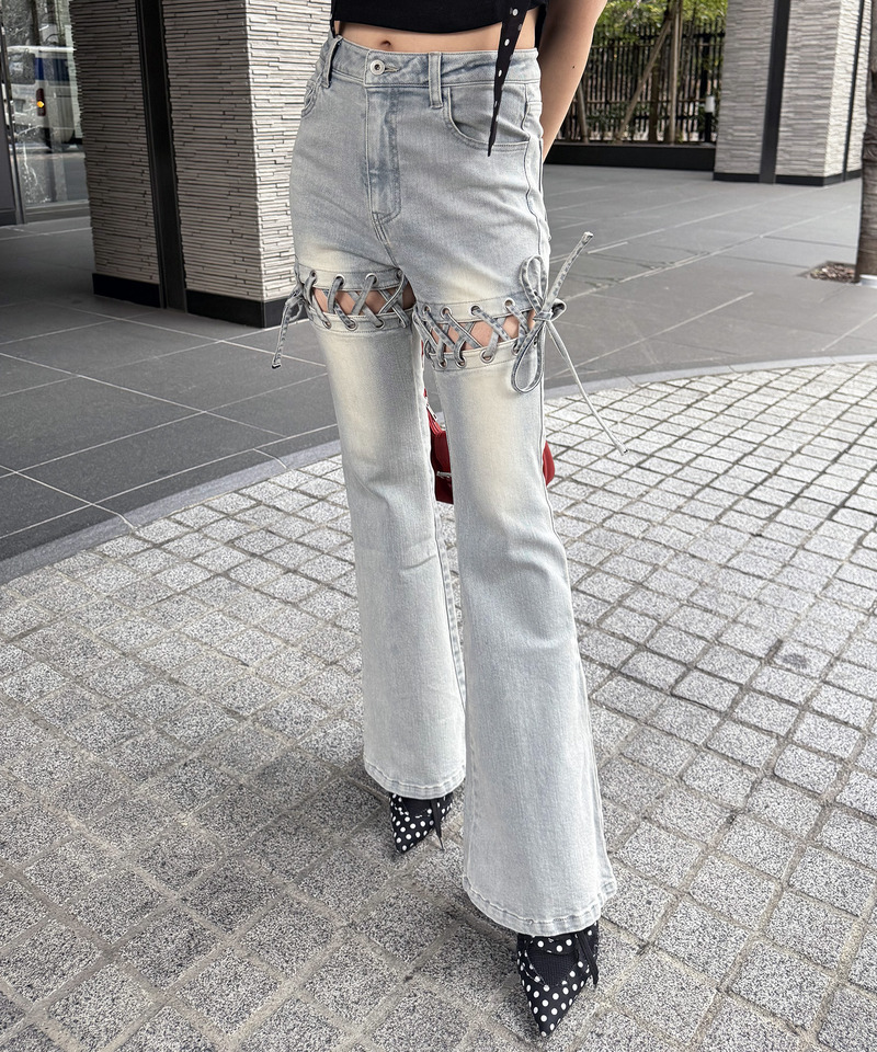 レースアップサイドカットフレアパンツ 詳細画像 デニムブルー 28