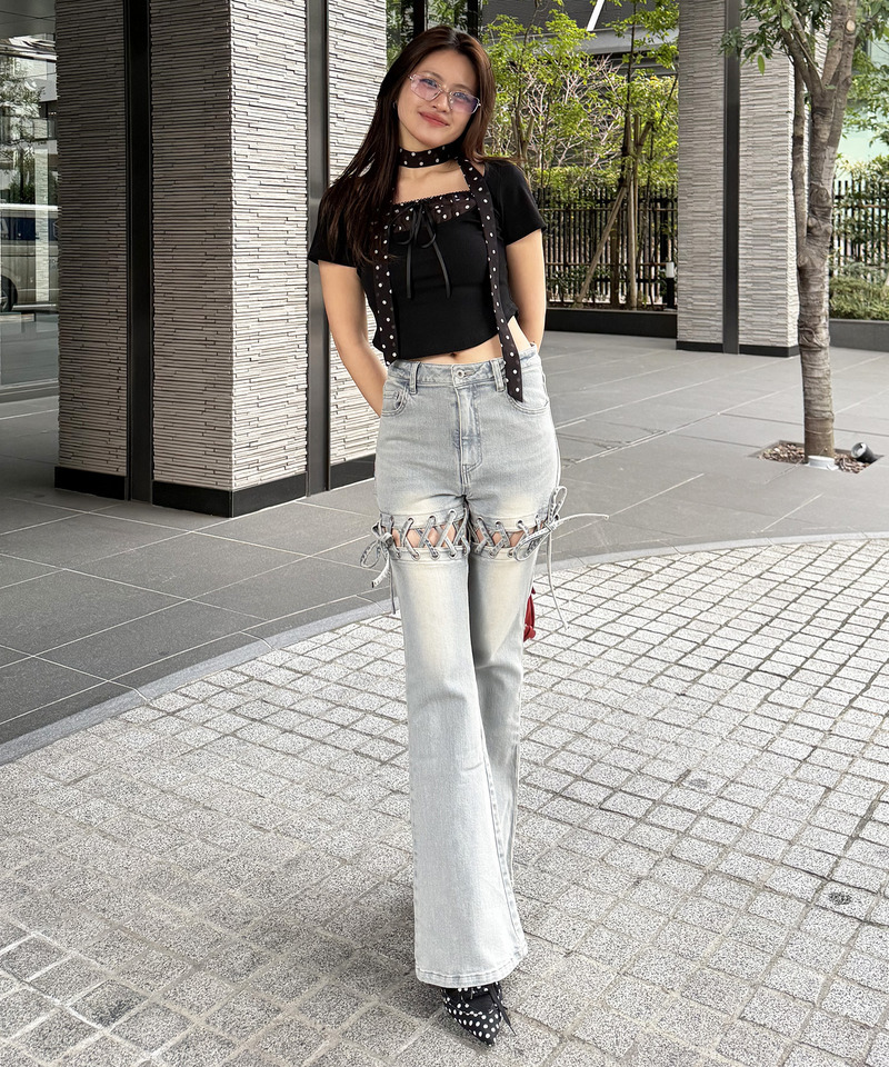 レースアップサイドカットフレアパンツ 詳細画像 デニムブルー 29