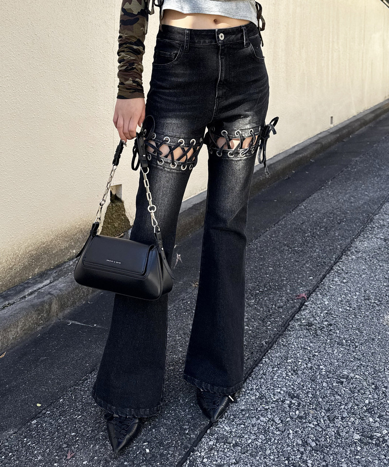 レースアップサイドカットフレアパンツ 詳細画像 ブラックデニム 10