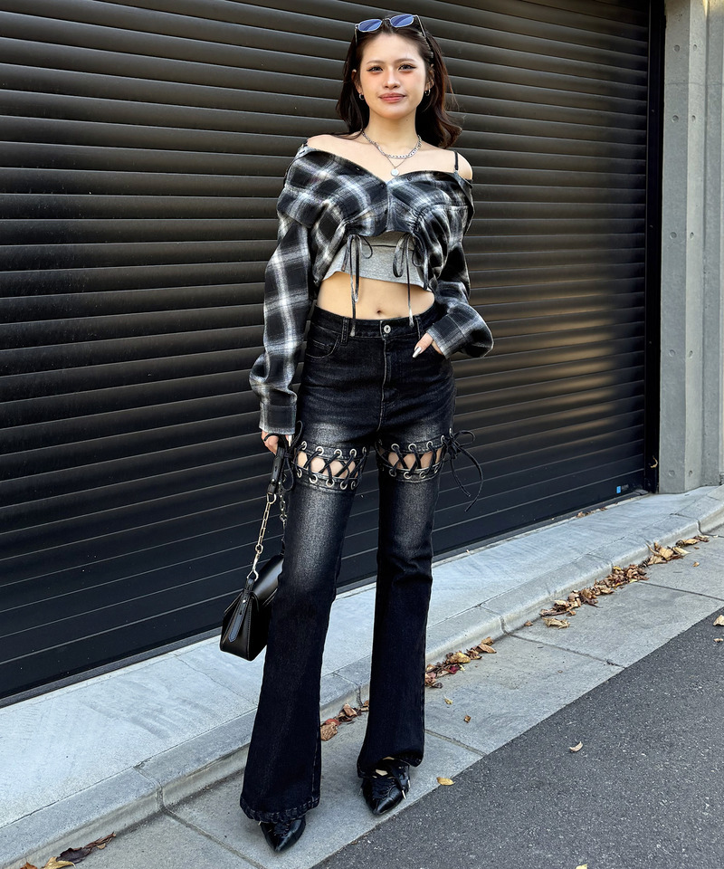 レースアップサイドカットフレアパンツ 詳細画像 ブラックデニム 14