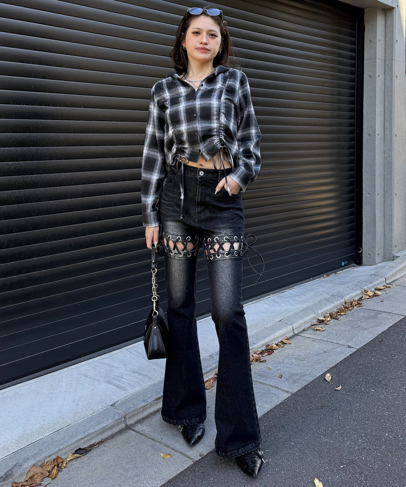 レースアップサイドカットフレアパンツ 詳細画像 ブラックデニム 16