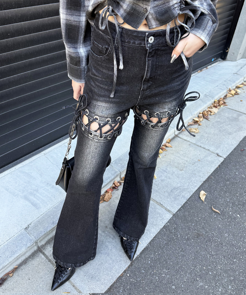 レースアップサイドカットフレアパンツ 詳細画像 ブラックデニム 17