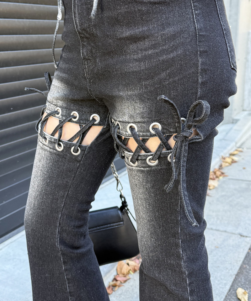 レースアップサイドカットフレアパンツ 詳細画像 ブラックデニム 19