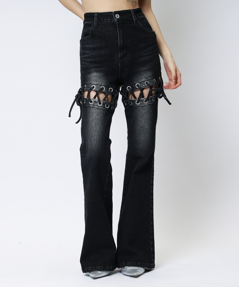 レースアップサイドカットフレアパンツ 詳細画像 ブラックデニム 5