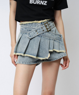 ベルトプリーツデザインショートパンツ