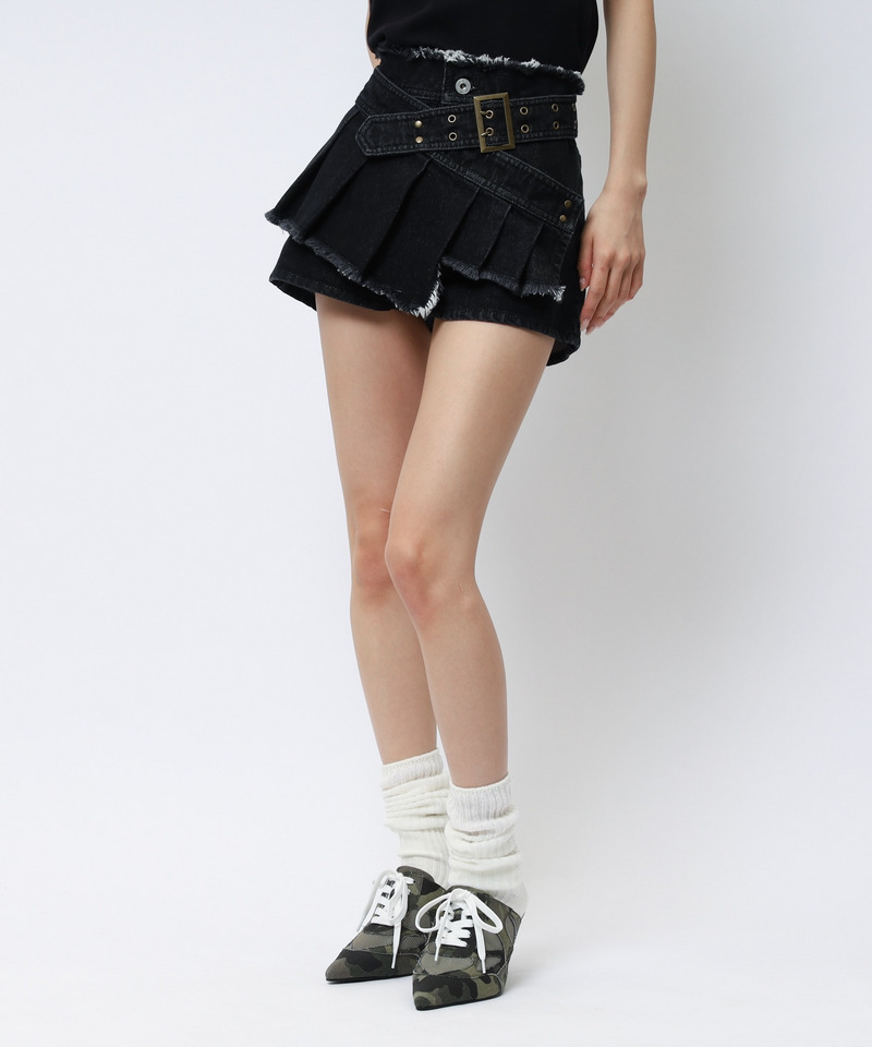 ベルトプリーツデザインショートパンツ 詳細画像 ブラックデニム 7