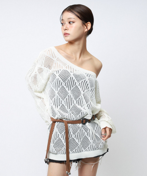 透かし編みベルト付きワンショルニット 詳細画像