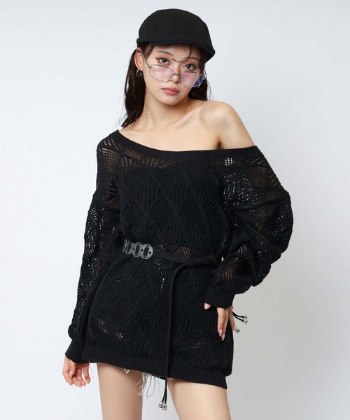 透かし編みベルト付きワンショルニット 詳細画像