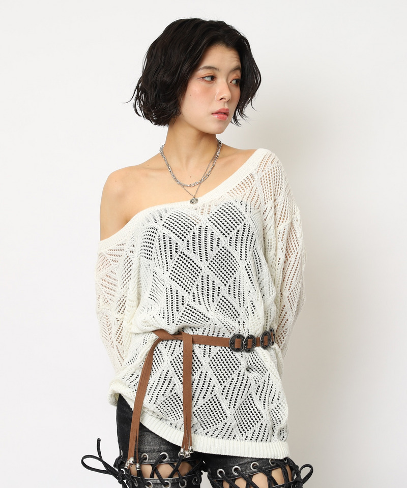 透かし編みベルト付きワンショルニット 詳細画像 オフホワイト 14