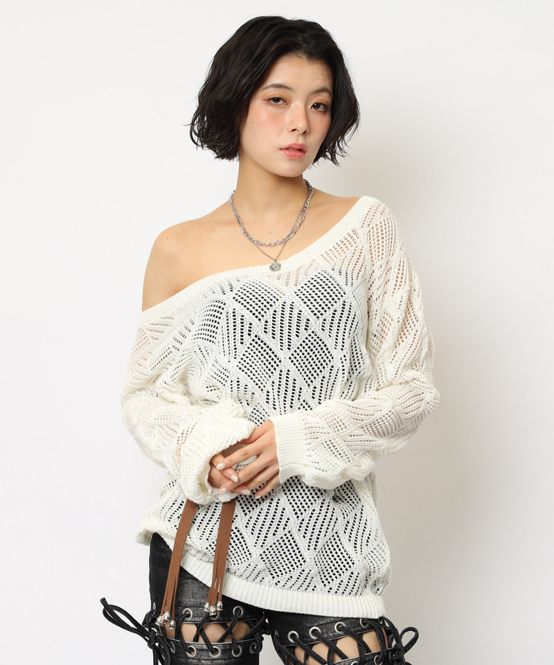 透かし編みベルト付きワンショルニット 詳細画像 オフホワイト 15