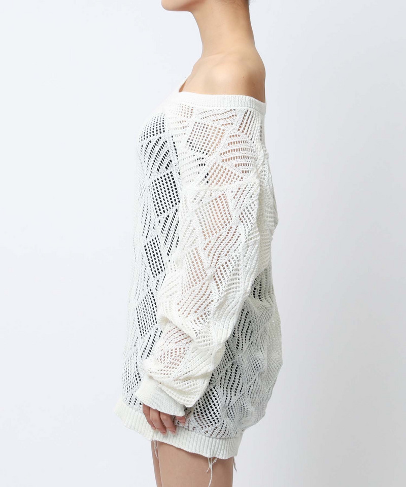透かし編みベルト付きワンショルニット 詳細画像 オフホワイト 6
