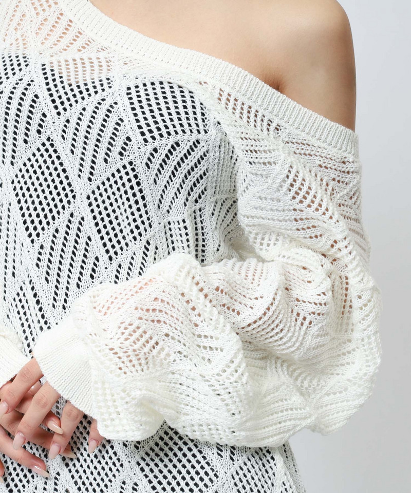 透かし編みベルト付きワンショルニット 詳細画像 オフホワイト 9