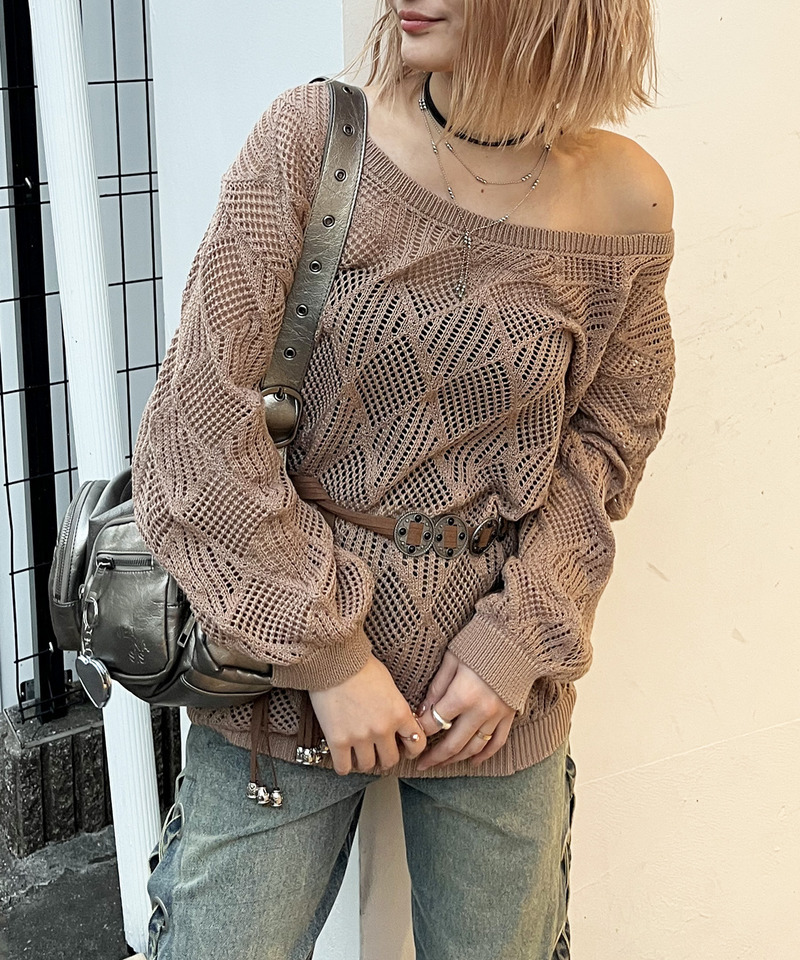 透かし編みベルト付きワンショルニット 詳細画像 ブラウン 10