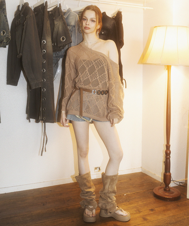 透かし編みベルト付きワンショルニット 詳細画像 ブラウン 2