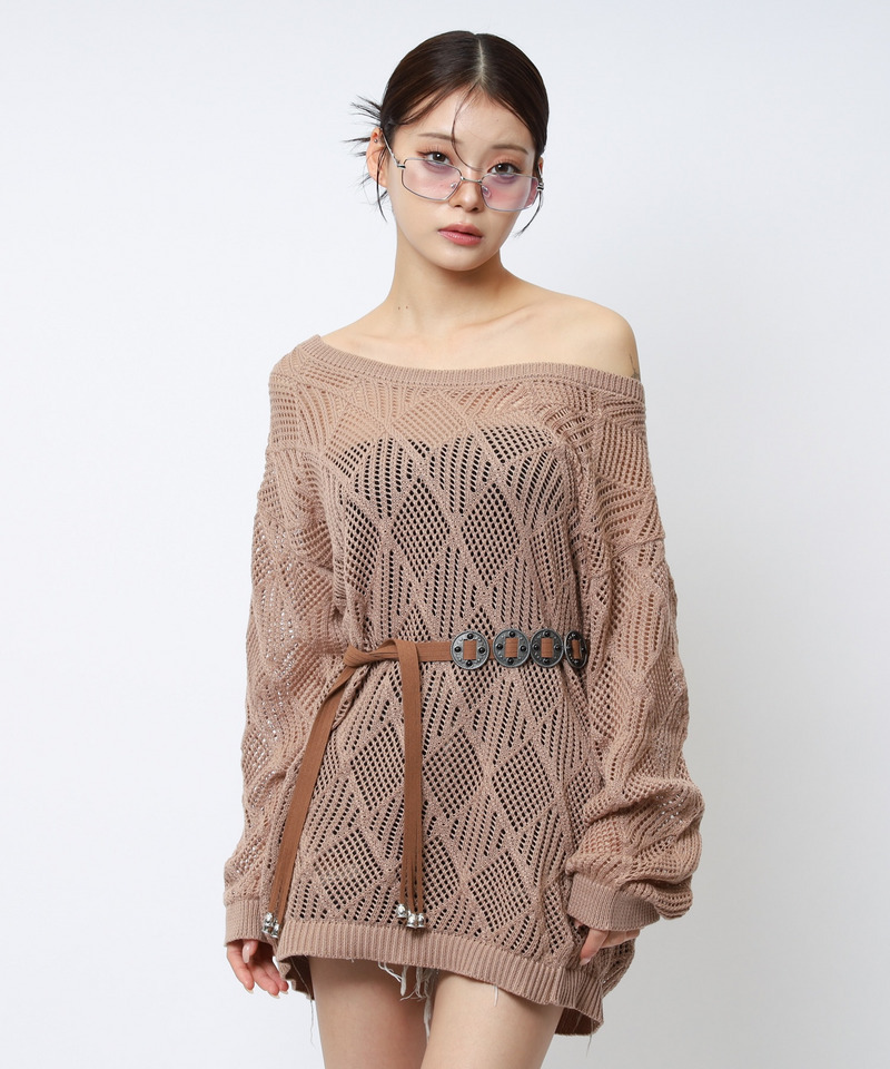 透かし編みベルト付きワンショルニット 詳細画像 ブラウン 5