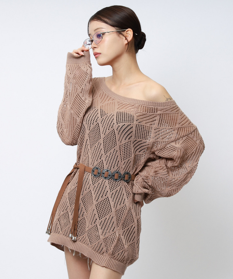 透かし編みベルト付きワンショルニット 詳細画像 ブラウン 6