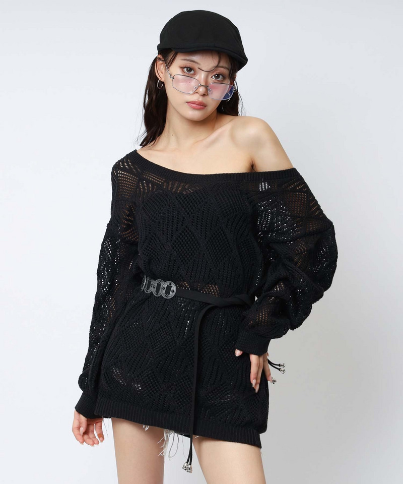 透かし編みベルト付きワンショルニット 詳細画像 ブラック 1