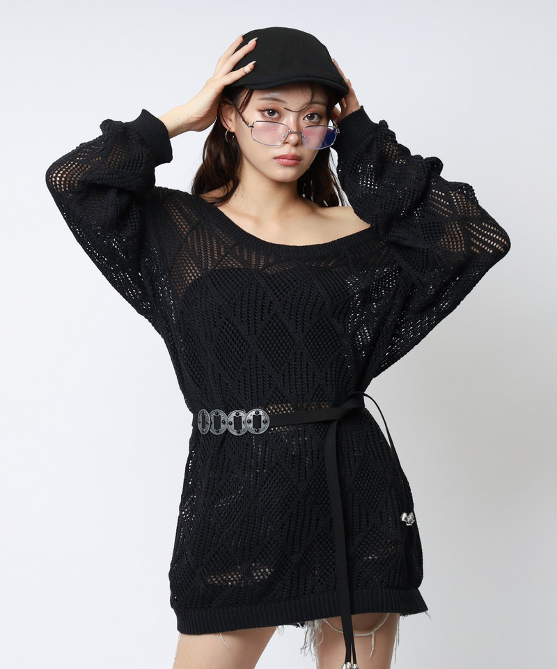 透かし編みベルト付きワンショルニット 詳細画像 ブラック 2