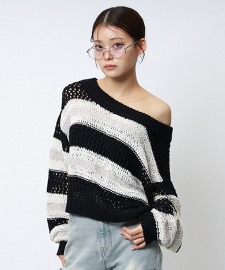 ボーダー透かし編みショートニット