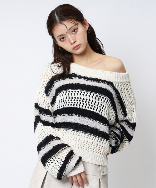 ボーダー透かし編みショートニット 詳細画像