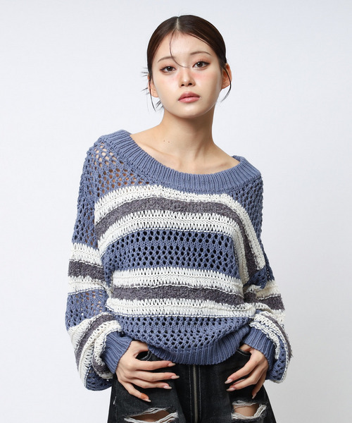 ボーダー透かし編みショートニット 詳細画像