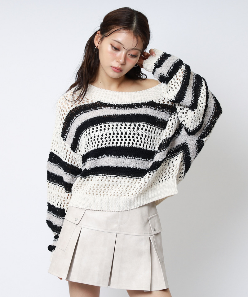 ボーダー透かし編みショートニット 詳細画像 ホワイト 2