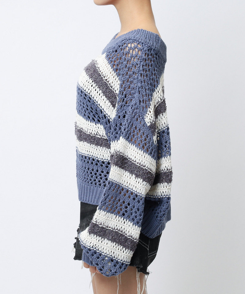 ボーダー透かし編みショートニット 詳細画像 ブルー 10