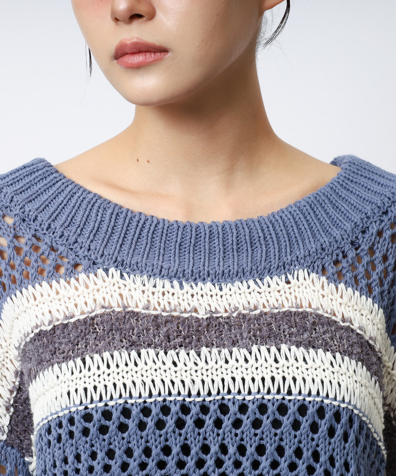 ボーダー透かし編みショートニット 詳細画像 ブルー 12