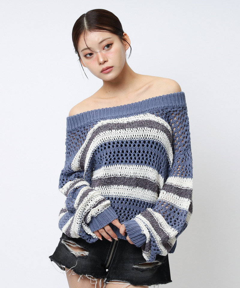 ボーダー透かし編みショートニット 詳細画像 ブルー 4