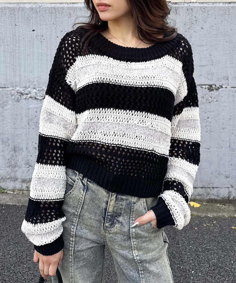 ボーダー透かし編みショートニット 詳細画像 ブラック 8