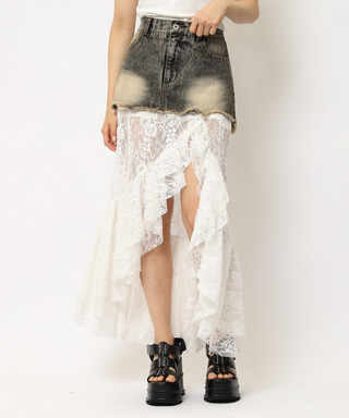レースドッキングロングデニムスカート