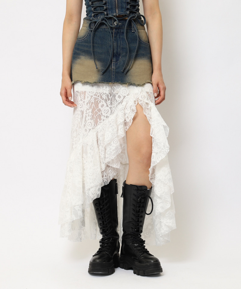 レースドッキングロングデニムスカート 詳細画像 デニムブルー 1