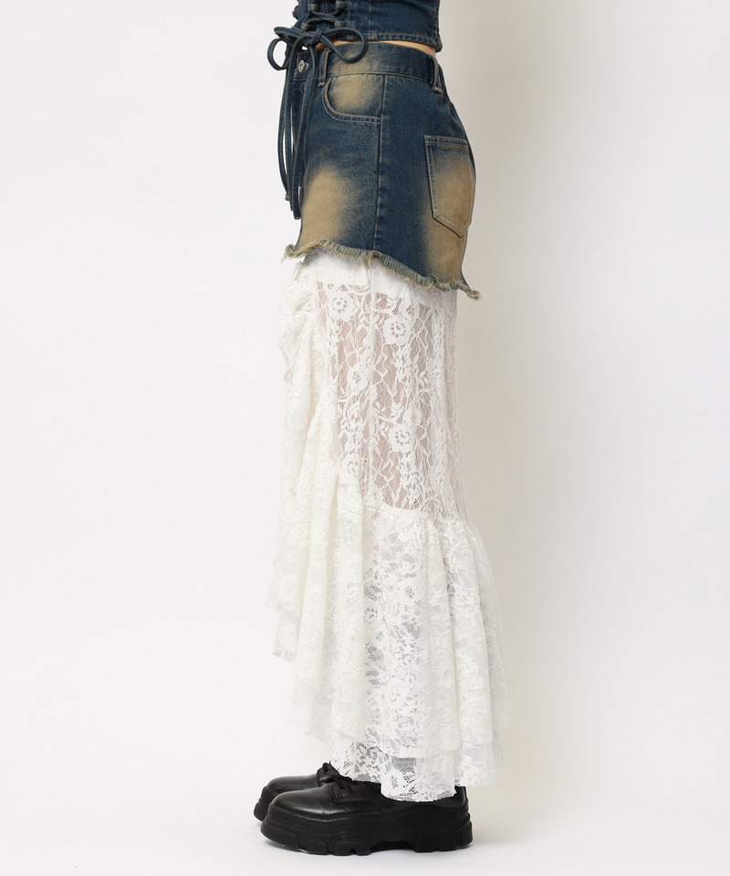 レースドッキングロングデニムスカート 詳細画像 デニムブルー 11