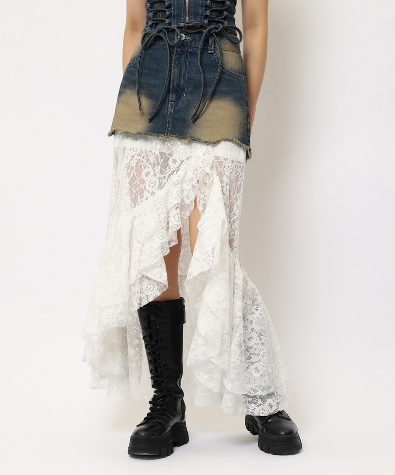 レースドッキングロングデニムスカート 詳細画像 デニムブルー 2