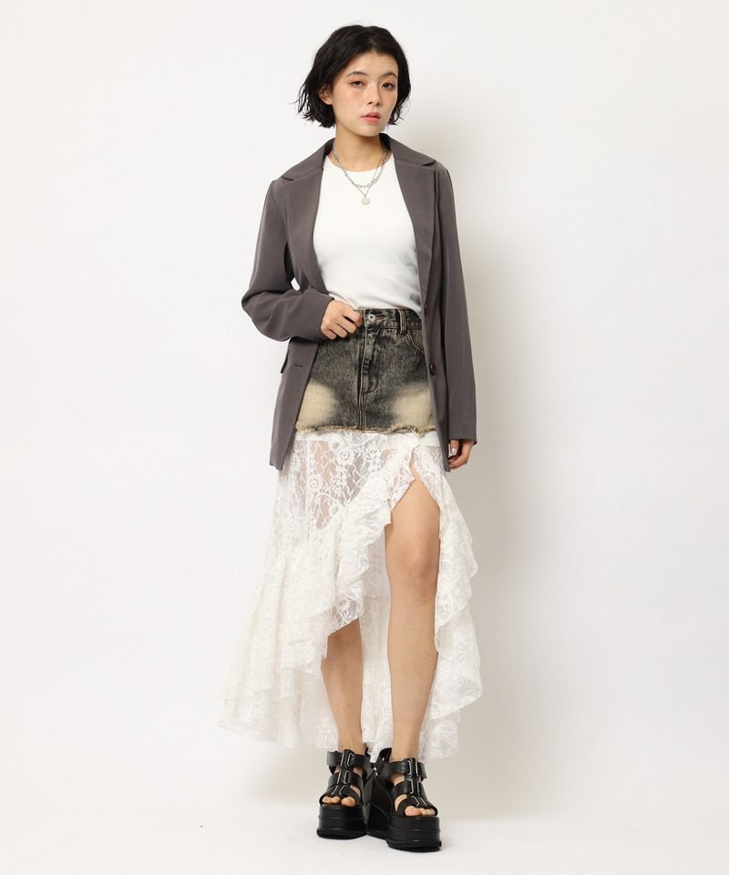 レースドッキングロングデニムスカート 詳細画像 ブラックデニム 2