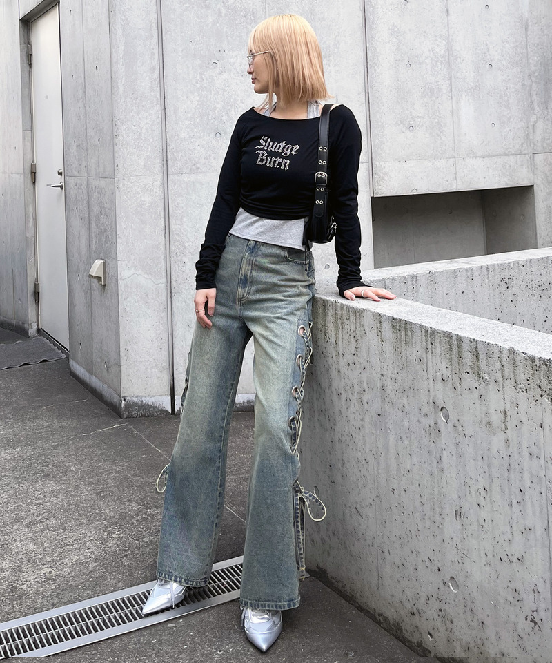 アイレットデニムフレアパンツ 詳細画像 デニムブルー 14