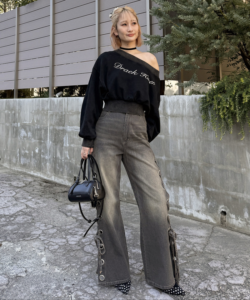 アイレットデニムフレアパンツ 詳細画像 ブラックデニム 11