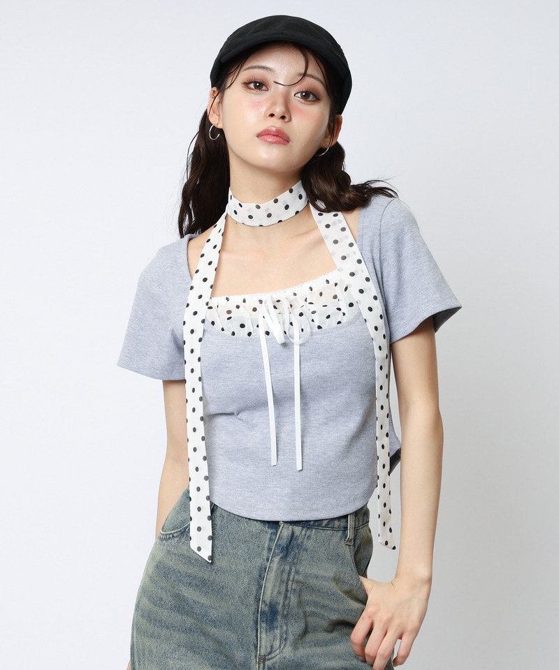 ドット柄チョーカーレイヤードトップス 詳細画像 グレー 2