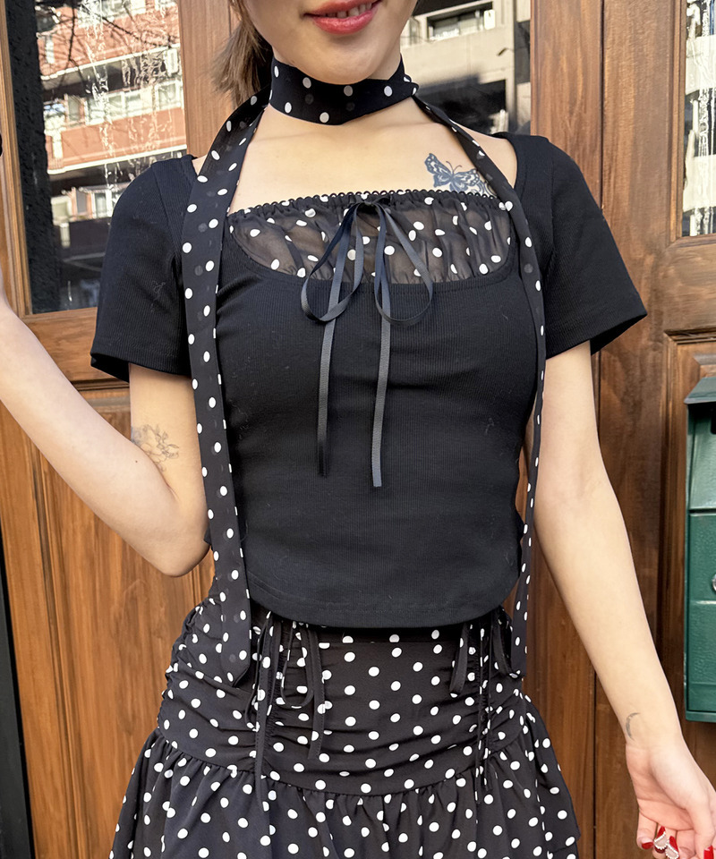 ドット柄チョーカーレイヤードトップス 詳細画像 ブラック 10