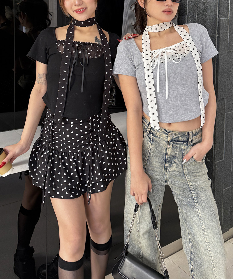 ドット柄チョーカーレイヤードトップス 詳細画像 ブラック 11