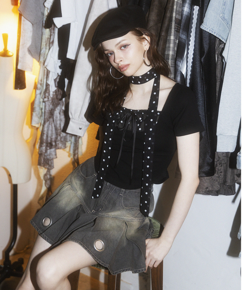 ドット柄チョーカーレイヤードトップス 詳細画像 ブラック 3