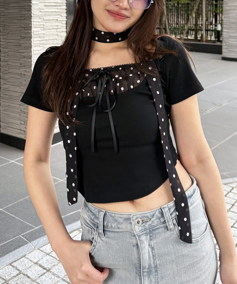 ドット柄チョーカーレイヤードトップス 詳細画像 ブラック 8