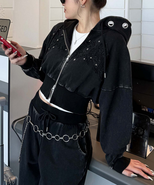 アイレットクラッシュロゴショートパーカー 詳細画像