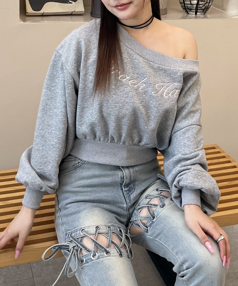 ロゴ刺しゅうワンショルダートップス 詳細画像 グレー 15