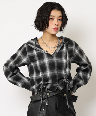 フード付きチェックトップス