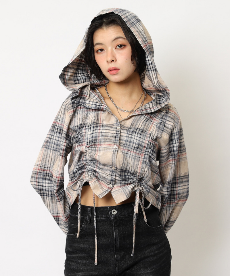 フード付きチェックトップス 詳細画像 ベージュ 1