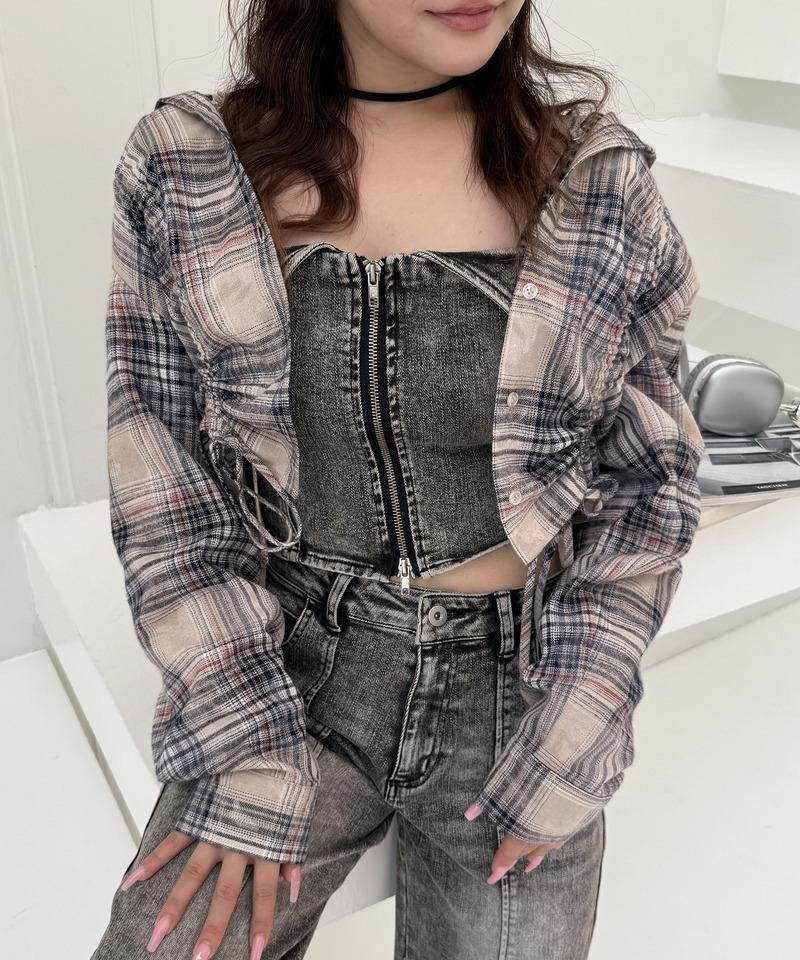 フード付きチェックトップス 詳細画像 ベージュ 11