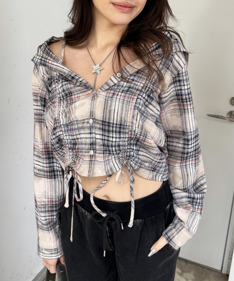 フード付きチェックトップス 詳細画像 ベージュ 15