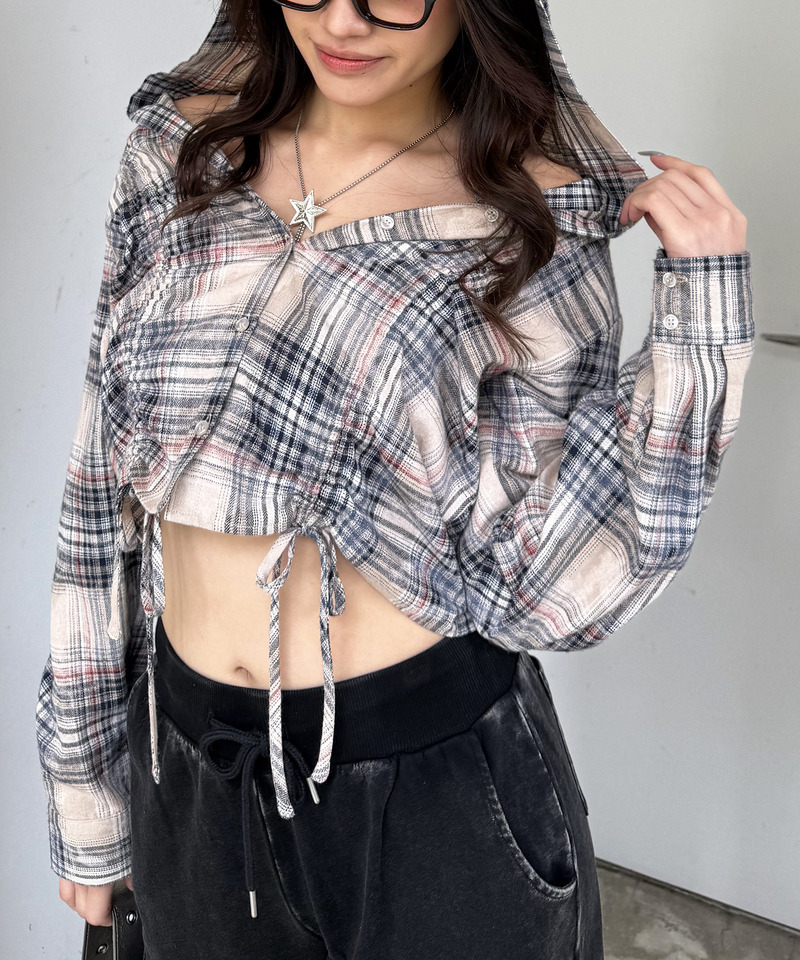 フード付きチェックトップス 詳細画像 ベージュ 16