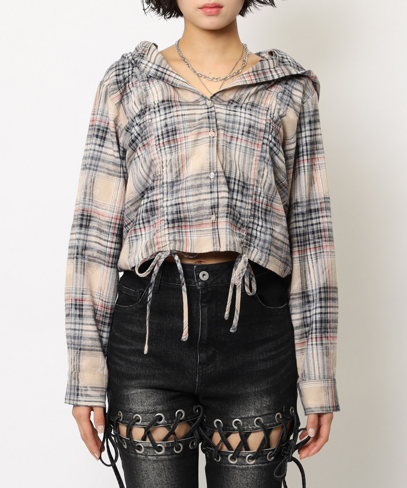 フード付きチェックトップス 詳細画像 ベージュ 18